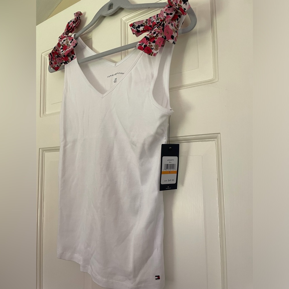 Tommy Hilfiger Red and White Sleeveless Tie Front Tank Top